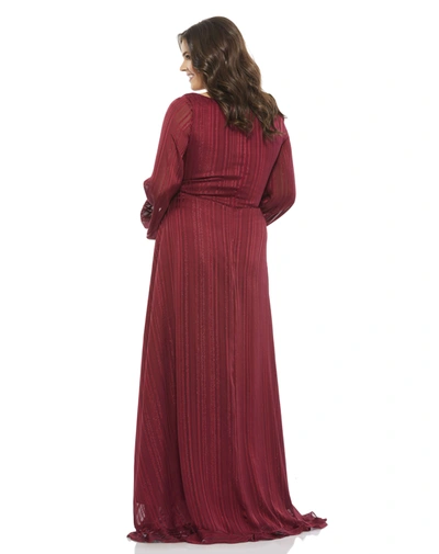 Shop Mac Duggal Striped Faux Wrap Bishop Sleeve Gown In Burgundy