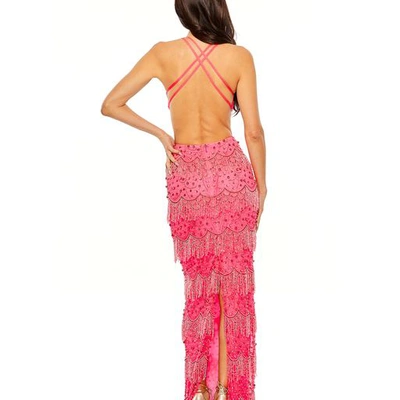 Shop Mac Duggal Open Back Cut Out Fringe Embellished Gown In Hot Pink