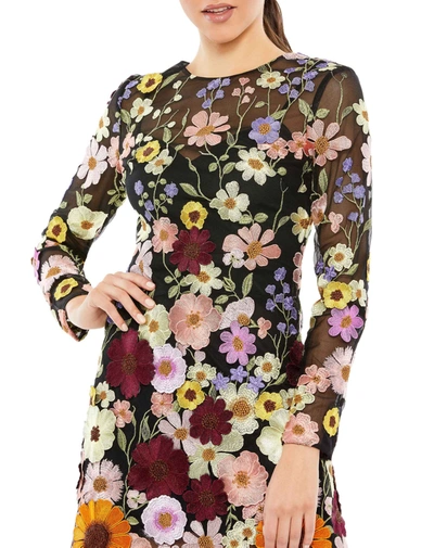 Shop Mac Duggal Floral Embroidered Long Sleeve Mini Dress In Black Multi