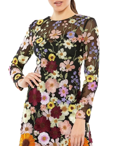 Mac Duggal Embroidered Floral Long Sleeve Mesh Minidress In Black Multi