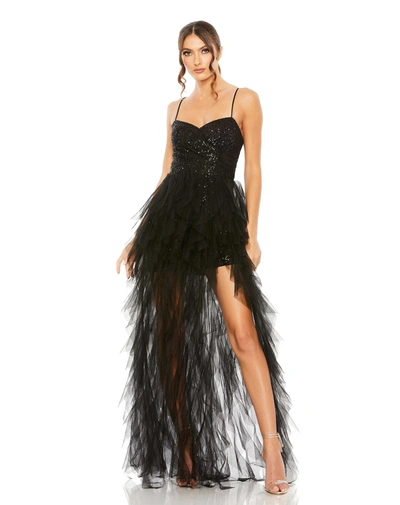 Mac Duggal Women's Ieena Sequin Mini Dress With High Low Ruffle Tiered Train In Black