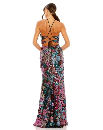 Mac Duggal Sequin Embellished Crossover Halter Neck Gown In Black Multi
