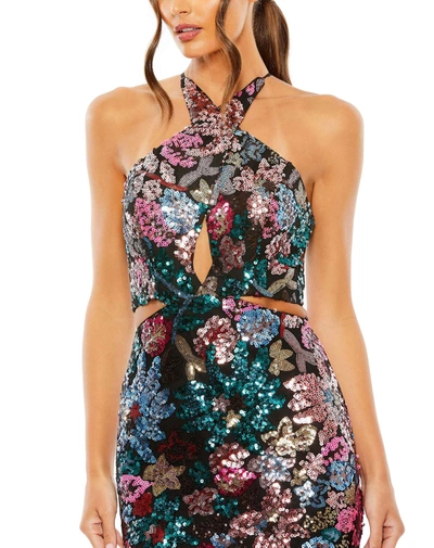 Mac Duggal Sequin Embellished Crossover Halter Neck Gown In Black Multi