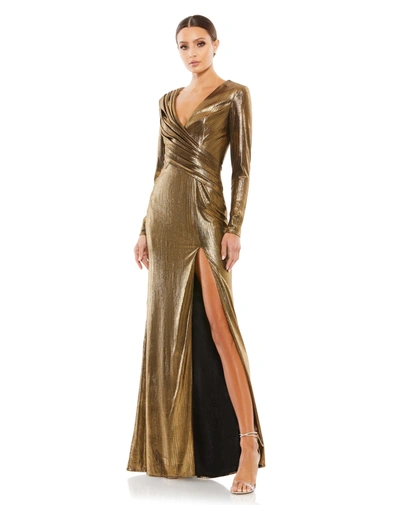 Mac Duggal Metallic Long Sleeve Asymmetrical Ruched Gown In Gold