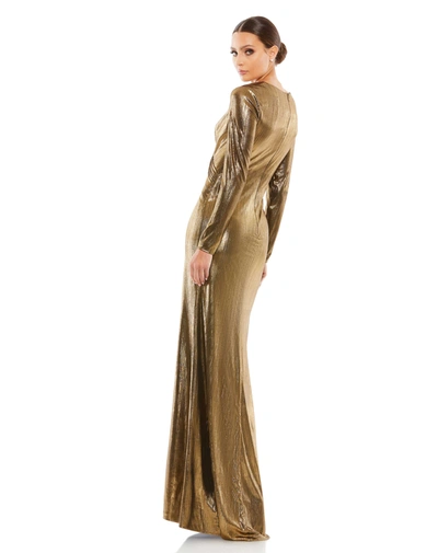 Mac Duggal Metallic Long Sleeve Asymmetrical Ruched Gown In Gold