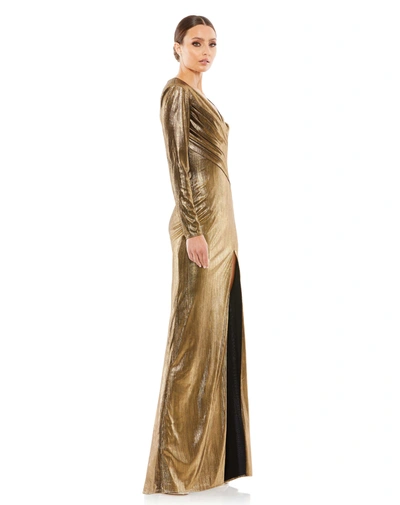 Mac Duggal Metallic Long Sleeve Asymmetrical Ruched Gown In Gold