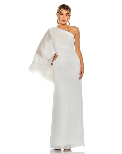 Shop Mac Duggal Feather Cuff One Shoulder Ruched Gown In White