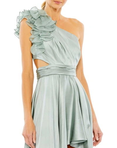 Shop Mac Duggal Ruffled One Shoulder Cut Out Hi-low Gown In Sage