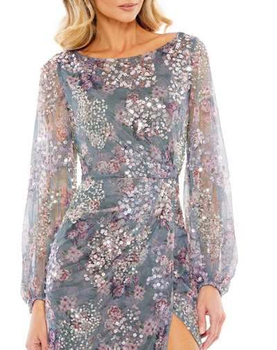Mac Duggal Women's Embellished Illusion Long Sleeve Faux Wrap Gown In Grey Multi