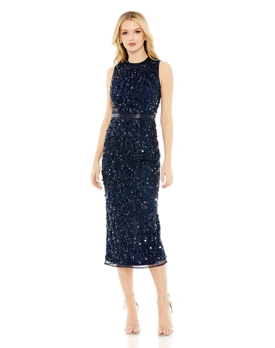 Mac Duggal Sequin High Neck Sheath Midi Dress In Midnight