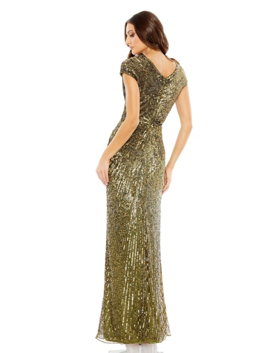Mac Duggal Sequin Wrap Front Sheath Gown In Olive