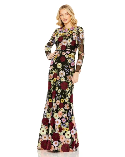 Mac Duggal Floral Trumpet Gown In Black Multi