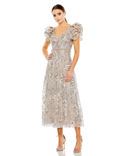 Mac Duggal Embellished Ruffled Cap Sleeve A Line Dress 68262 In Champagne In Champagne
