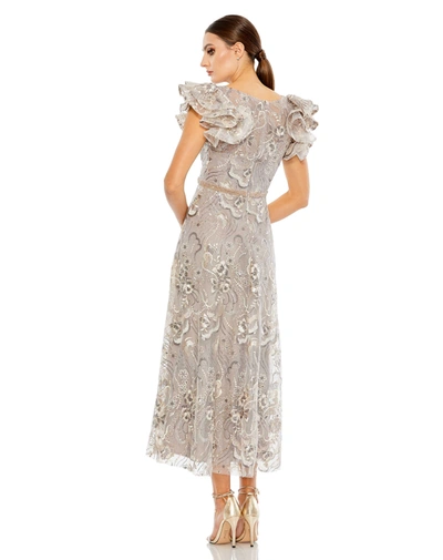 Mac Duggal Embellished Ruffled Cap Sleeve A Line Dress 68262 In Champagne In Champagne