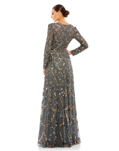 Shop Mac Duggal Embellished Illusion High Neck Long Sleeve A Line Gown In Charcoal