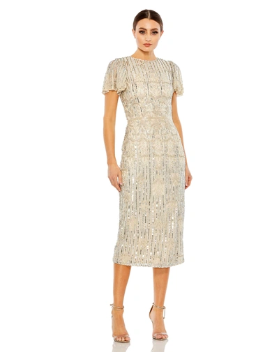 Mac Duggal Embellished Flutter Sleeve High Neck Dress In Nude Silver