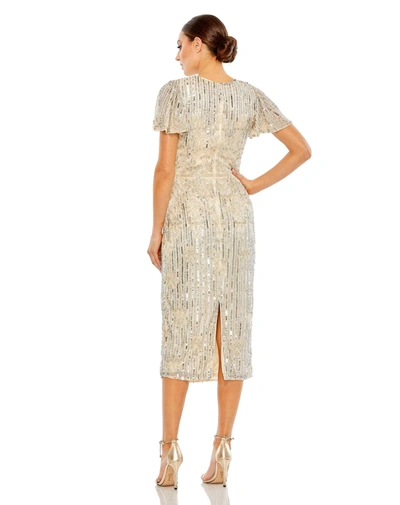 Mac Duggal Embellished Flutter Sleeve High Neck Dress In Nude Silver