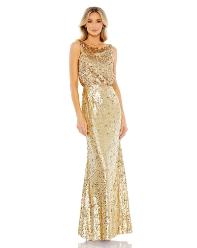 Shop Mac Duggal Sequined Sleeveless High Neck Gown In Gold