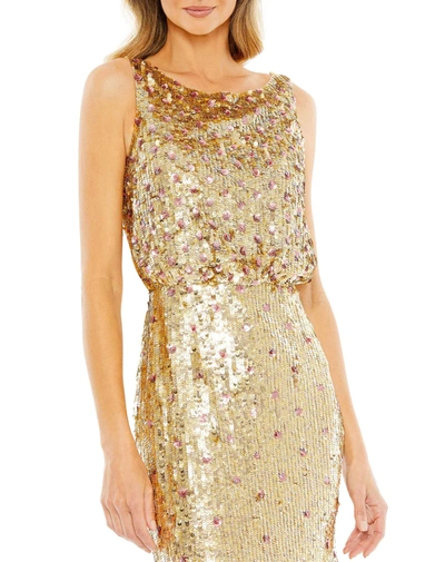 Shop Mac Duggal Sequined Sleeveless High Neck Gown In Gold