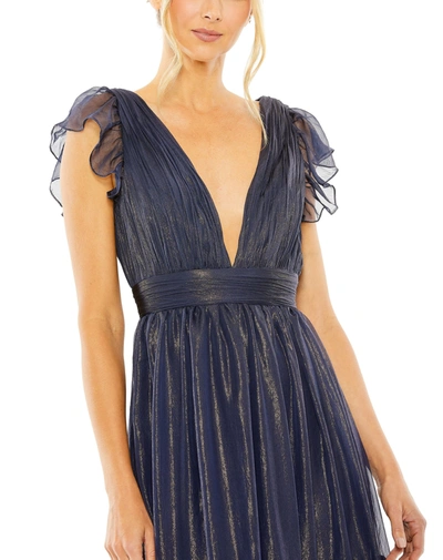 Shop Mac Duggal Ruched Top Flutter Sleeve Deep V Gown In Midnight