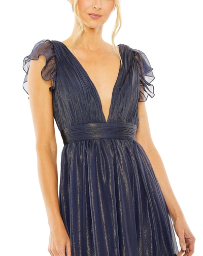 Mac Duggal Ruched Top Flutter Sleeve Deep V Gown In Midnight