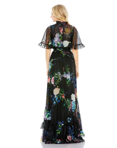 Mac Duggal Floral Ruffle High Neck A-line Gown In Black Multi