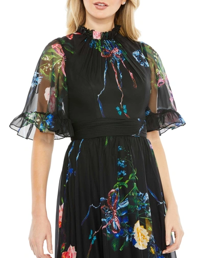 Mac Duggal Floral Ruffle High Neck A-line Gown In Black Multi