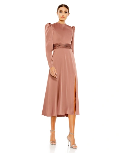 Mac Duggal High Neck Long Sleeve Midi Dress In Mauve In Burgundy
