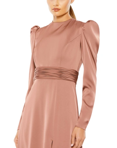 Mac Duggal High Neck Long Sleeve Midi Dress In Mauve In Burgundy
