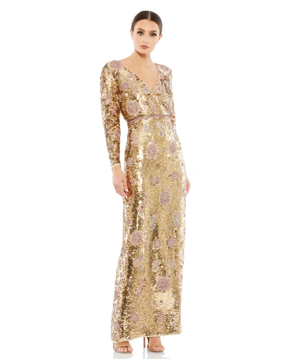 Shop Mac Duggal Embellished Wrap Over Long Sleeve Column Gown In Gold