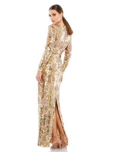 Shop Mac Duggal Embellished Wrap Over Long Sleeve Column Gown In Gold