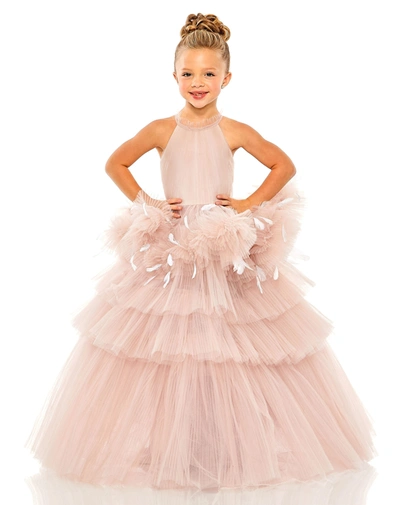 Shop Mac Duggal Girls High Neck Tulle Dress With Feather Detail In Rose