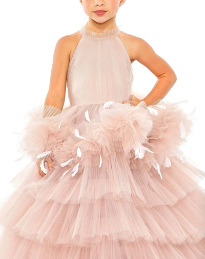 Shop Mac Duggal Girls High Neck Tulle Dress With Feather Detail In Rose