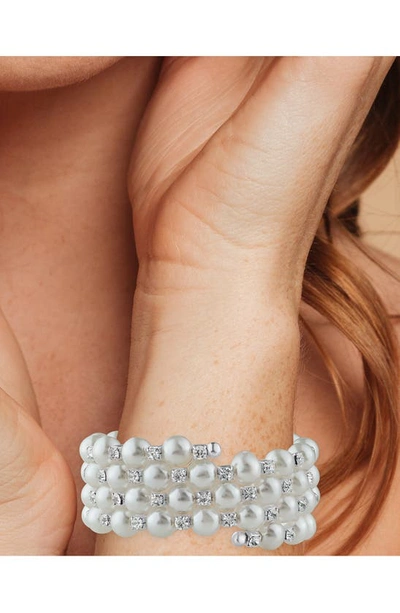 Shop Jardin Imitation Pearl & Crystal Wire Wrap Bracelet In White/ Clear/ Silver