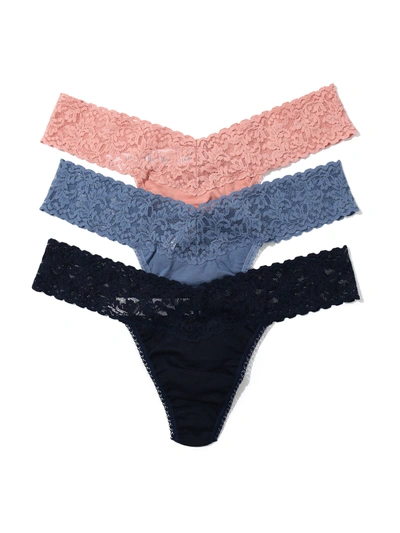 Shop Hanky Panky 3 Pack Supima® Cotton Low Rise Thongs With Lace In Blue