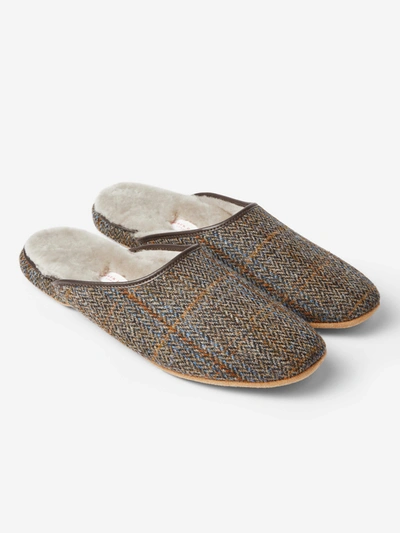 Derek Rose Men's Mule Slippers Douglas 2 Harris Tweed Sheepskin Beige In Beige