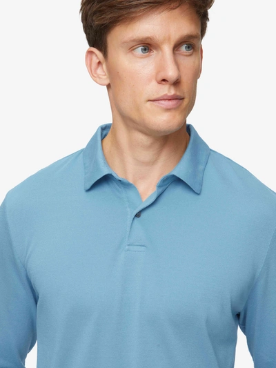Shop Derek Rose Men's Long Sleeve Polo Shirt Ramsay 4 Pique Cotton Tencel Blue In Harbour Blue