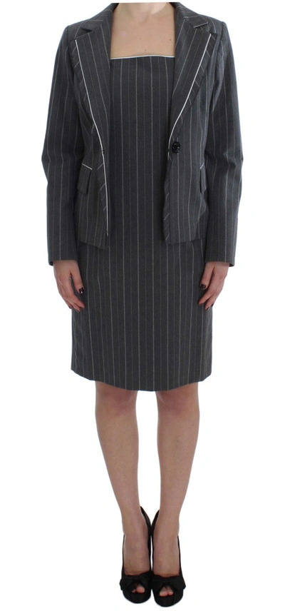 Shop Bencivenga Elegant Gray Striped Dress &amp; Blazer Suit Women's Set