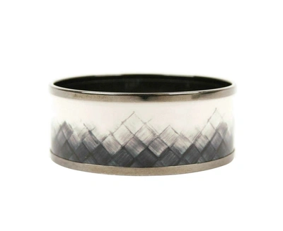 Shop Bottega Veneta White / Black Enamel Metal Woven Silver Bracelet (small)