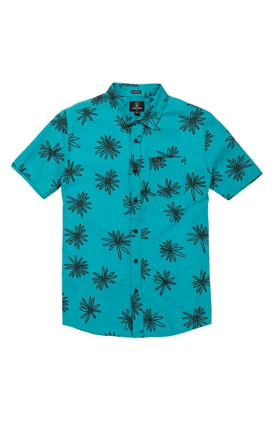 Shop Volcom Lazy Dazey Floral Short Sleeve Button-up Shirt In Electric Blue