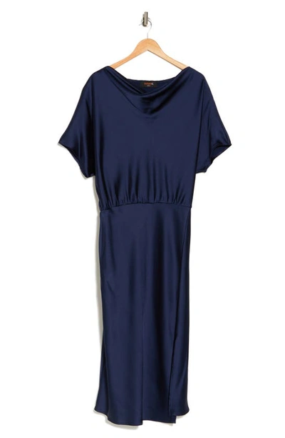 Shop Renee C Satin Off The Shoulder Dress In Navy