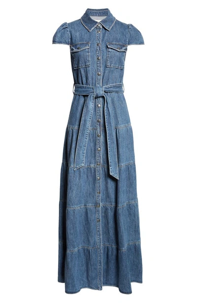 Shop Alice And Olivia Miranda Tie Belt Denim Maxi Shirtdress In Lola Blue