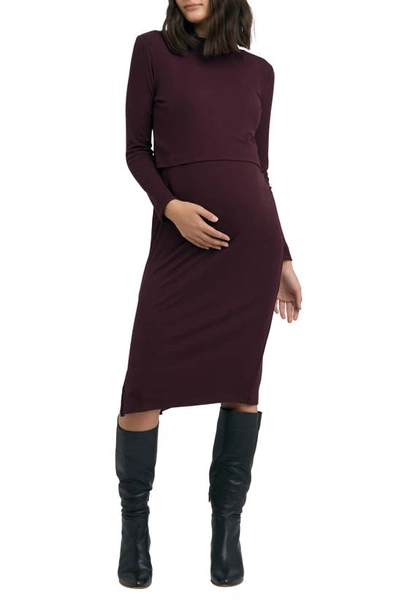 Shop Ripe Maternity Ruby Layered Rib Long Sleeve Maternity/nursing Dress In Maroon