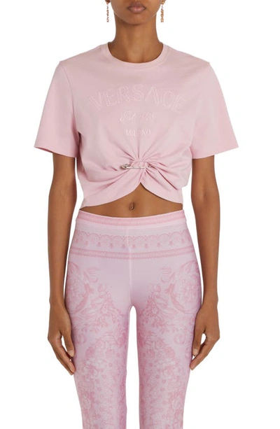 Shop Versace Milano Embroidered Safety Pin Crop Cotton T-shirt In Pale Pink
