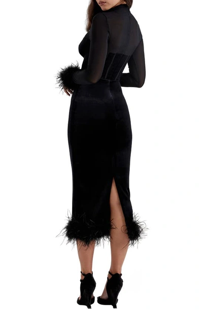 House Of Cb Lianna Feather Trim Long Sleeve Corset Midi Dress In Black