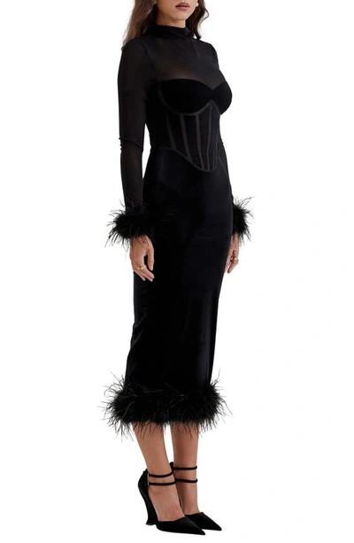 House Of Cb Lianna Feather Trim Long Sleeve Corset Midi Dress In Black