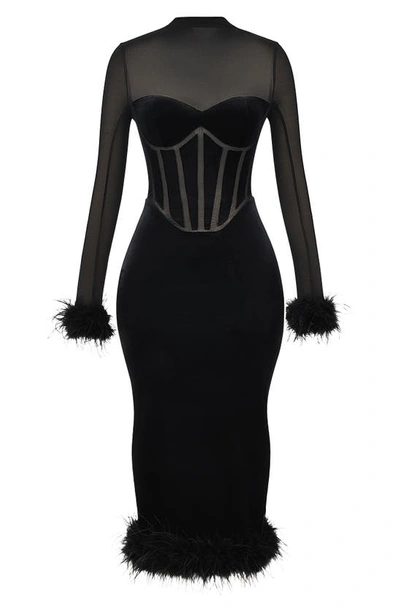 House Of Cb Lianna Feather Trim Long Sleeve Corset Midi Dress In Black