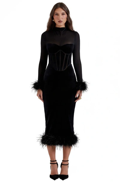 House Of Cb Lianna Feather Trim Long Sleeve Corset Midi Dress In Black