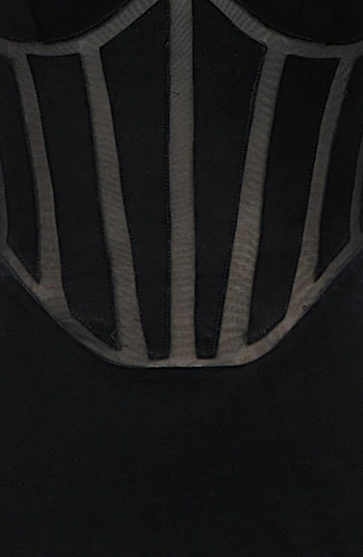 House Of Cb Lianna Feather Trim Long Sleeve Corset Midi Dress In Black
