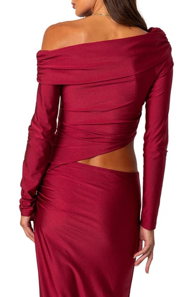 Edikted Reema Shiny Foldover One-shoulder Asymmetric Top In Red